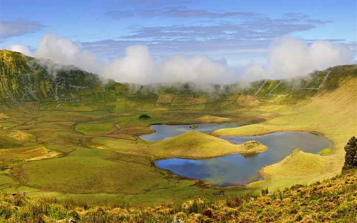 Clouds, volcanic lake, dawn Wallpapers Pictures Photos Images