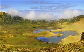 Clouds, volcanic lake, dawn HD wallpaper