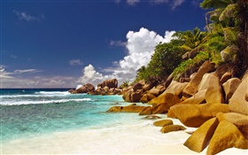 Coast, beach, stones, sea, clouds, Seychelles Island