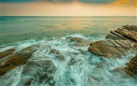 Coast, sea, stones, stream, dusk HD wallpaper