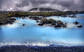 Coast, stones, fog, mountains, dawn HD wallpaper