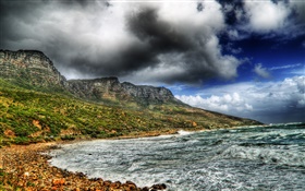 Coast, waves, mountains, slope, clouds HD wallpaper