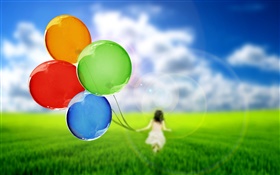 Colorful balloons, cute girl, grass, green, sky HD wallpaper