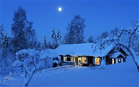 Country house, night, winter, snow, moon, Dalarna, Sweden HD wallpaper