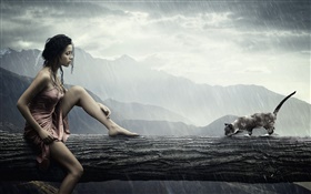Creative pictures, girl in the rain, cat looking for something HD wallpaper