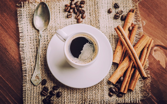 Cup of coffee, saucers, spoon, coffee beans Wallpapers Pictures Photos Images