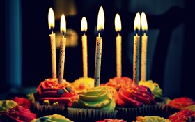 Cupcakes, cream, birthday, candles, fire HD wallpaper