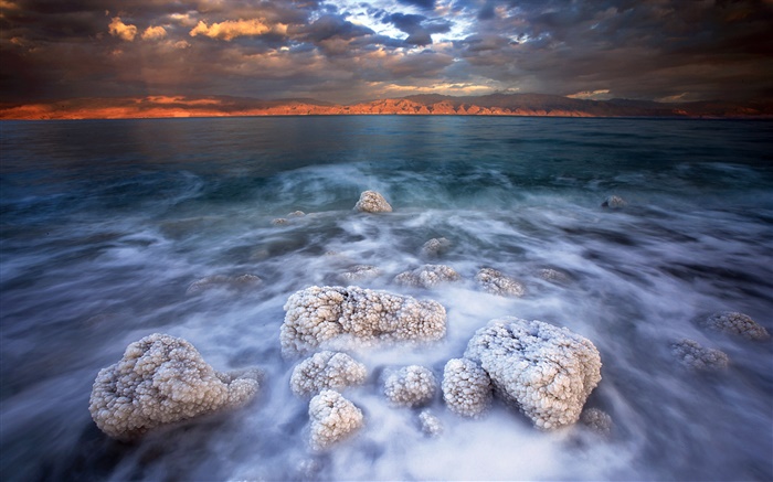 Dead sea, salt, clouds, dusk Wallpapers Pictures Photos Images