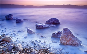 Dead sea, sunrise, salt, stones