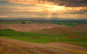 Farmland, hills, clouds, sunset