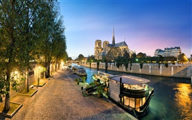 France, Notre Dame, river, boats, night, lights