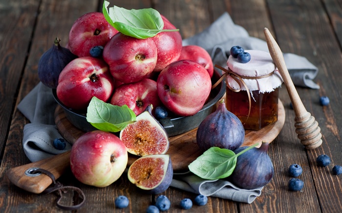 Fruits close-up, nectarines, berries, figs, honey Wallpapers Pictures Photos Images