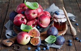 Fruits close-up, nectarines, berries, figs, honey