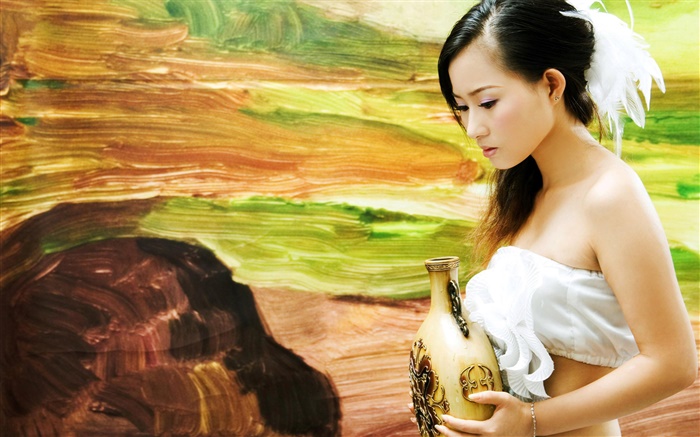 Girl holding a vase, white dress Wallpapers Pictures Photos Images