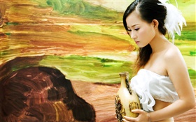 Girl holding a vase, white dress