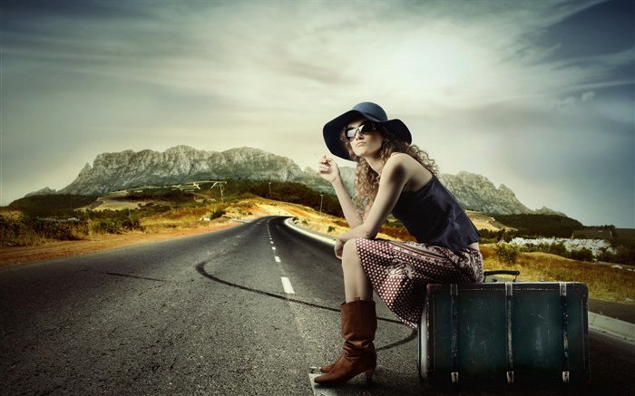 Girl with suitcase, sit at roadside Wallpapers Pictures Photos Images
