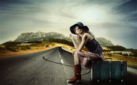 Girl with suitcase, sit at roadside HD wallpaper