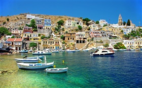 Greece, houses, coast, sea, boats HD wallpaper