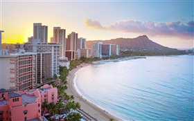 Honolulu, Waikiki Beach, Diamond Head Crater, buildings, sunrise HD wallpaper
