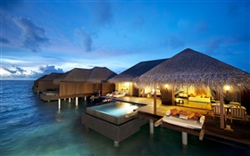 Hotel, Maldives, Indian Ocean, night, lights