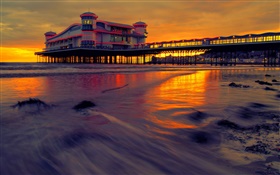 Hotel, sea, pier, beach, house, night, dusk HD wallpaper
