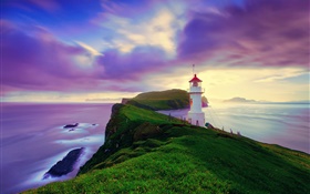 Iceland, Faroe Islands, lighthouse, coast, dusk, purple sky HD wallpaper