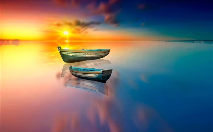 Lake, boat, water reflection, sunset Wallpapers Pictures Photos Images