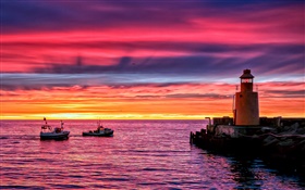 Lighthouse, beach, sea, boats, sunset, red sky HD wallpaper