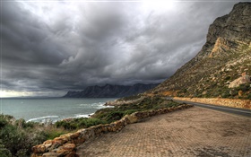 Mountains, coast, sea, clouds, storm HD wallpaper
