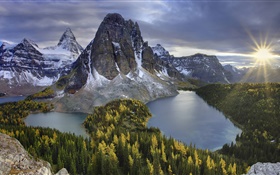 Mountains, trees, snow, volcanic lake, sun HD wallpaper