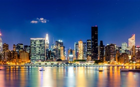 New York City, Manhattan, USA, night, skyscrapers, lights, sea HD wallpaper