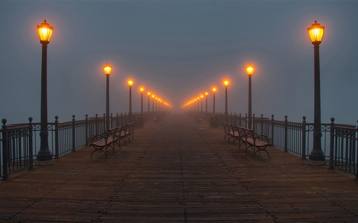 Night, bridge, pier, lights, mist Wallpapers Pictures Photos Images