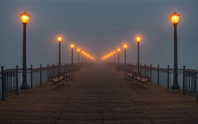 Night, bridge, pier, lights, mist HD wallpaper