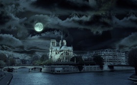 Notre Dame, France, night, river, moon HD wallpaper