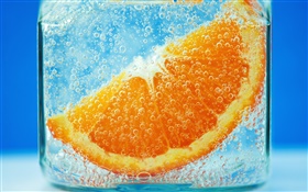 Orange slices in the water, blue background, bubble HD wallpaper