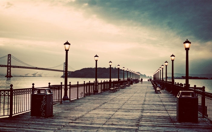 Pier, dusk, bridge, lights, people Wallpapers Pictures Photos Images