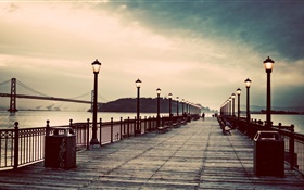Pier, dusk, bridge, lights, people HD wallpaper