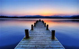 Pier, wood bridge, lake, mountains, sunrise HD wallpaper
