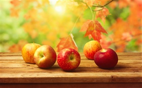 Red apples, wooden table, autumn, leaves HD wallpaper