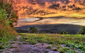 Red clouds, grass, mountains HD wallpaper