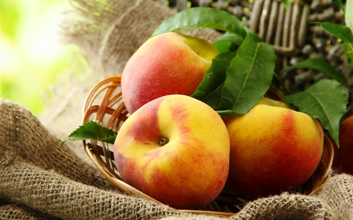 Red peaches, leaves, basket Wallpapers Pictures Photos Images