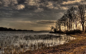 River, grass, trees, silhouette, clouds, dusk HD wallpaper