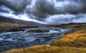 River, hills, clouds, dusk