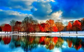 River, trees, autumn, clouds, snow, blue sky HD wallpaper