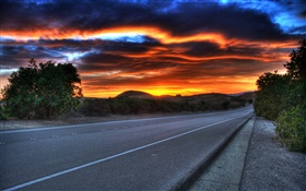 Road, dusk, clouds, red sky HD wallpaper