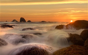 Sea, coast, stones, stream, clouds, sunrise HD wallpaper