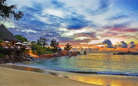 Seychelles Island, resort house, night, lights, sea, beach HD wallpaper
