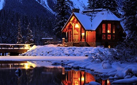 Snow, night, lodge, Emerald Lake, Yoho National Park, Canada HD wallpaper