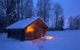Snow, wooden house, bare trees, winter, night, Sweden