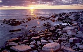 Stones, coast, sea, sunrise, clouds